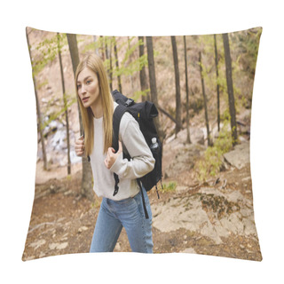 Personality  Blond Nature Enthusiast In Jeans And Sweater, Wandering Through The Woods, Discovering New Paths Pillow Covers
