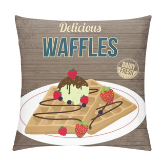 Personality  Waffles With Chocolate, Ice Cream And Berries Retro Poster Pillow Covers