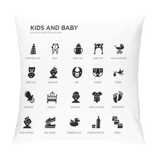 Personality  Set Of 20 Black Filled Vector Icons Such As Cubes, Footprints, Stork, Baby Carriage, Feeding Bottle, Rubber Duck, Bear Hat, Baby Hat, Baby Cup, Keys. Kids And Black Icons Collection. Editable Pixel Pillow Covers