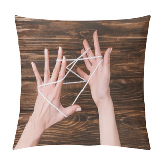 Personality  Partial View Of Woman Holding White Yarn For Knitting On Hands On Wooden Tabletop Pillow Covers