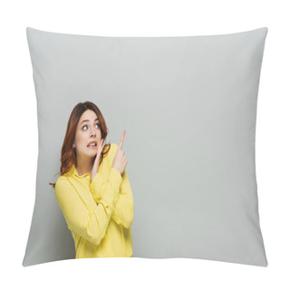 Personality  Scared Woman In Yellow Blouse Looking Away And Pointing With Finger On Grey Pillow Covers