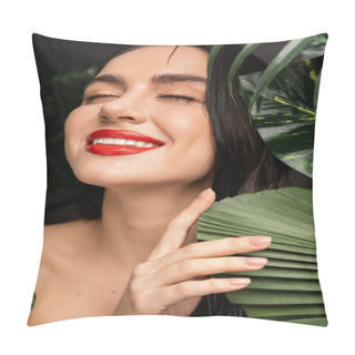 Personality  Positive Young Woman With Brunette Hair And Red Lips Smiling While Posing With Closed Eyes Around Tropical, Wet And Green Palm Leaves With Raindrops On Them  Pillow Covers