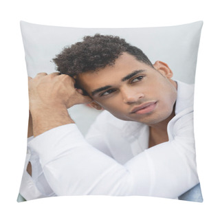 Personality  Portrait Of Young And Curly Cuban Man In White Shirt Posing In Miami, South Beach Pillow Covers