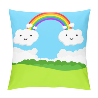 Personality  Landscape With Rainbow And Funny Clouds. Vector Illustration Pillow Covers