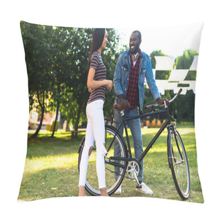 Personality  Smiling Multiracial Couple With Retro Bicycle Having Conversation In Park Pillow Covers