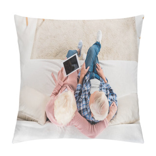 Personality  Overhead View Of Senior Couple With Tablet Resting On Sofa At Home Pillow Covers