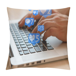 Personality  Man Is Using Laptop With Black Keys, Social Media And Social Networking. Marketing Concept Pillow Covers