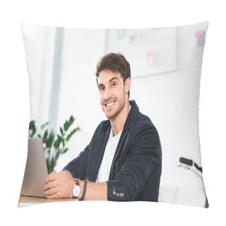 Personality  Handsome And Smiling Businessman In Shirt Using Laptop And Looking At Camera In Office  Pillow Covers