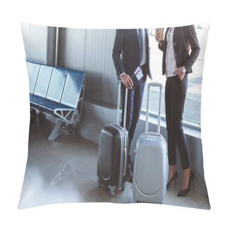 Personality  Businessman With Tickets And Businesswoman With Coffee To Go Standing Near Window At Departure Lounge In Airport Pillow Covers