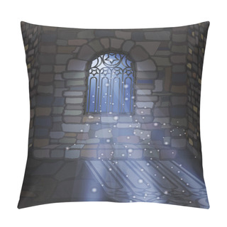Personality  Magic Moonlight Wallpaper. Ornate Gothic Window A Stone House. Vector Illustration Pillow Covers