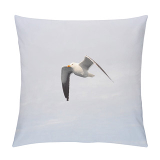 Personality  Flying Seagull Against A Cloudy Sky. Bird Flies, Sky Background.  Pillow Covers