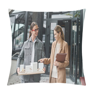 Personality  Two Smiley Colleagues Discussing Scale Model Holding Papers And Smiling Sincerely, Design Bureau Pillow Covers