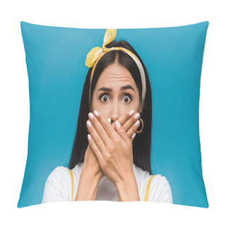 Personality  Scared Girl  In Headband Covering Mouth Isolated On Blue  Pillow Covers