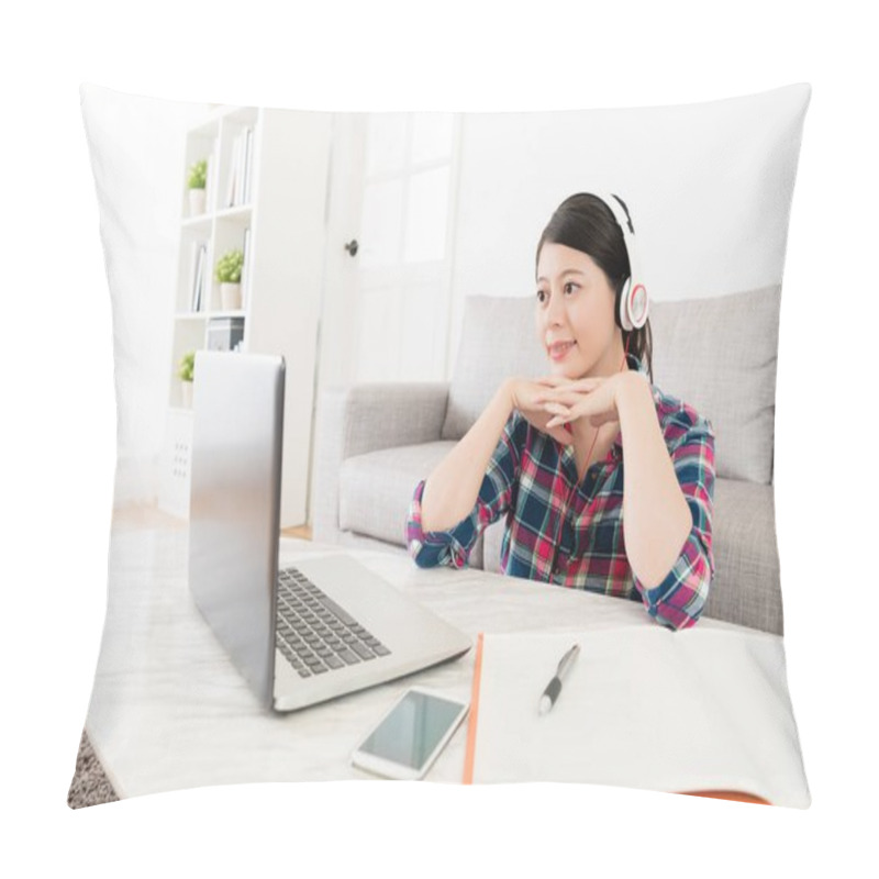 Personality  Elegant Female Student Watching E-learning Video Pillow Covers