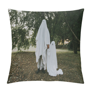 Personality Father And Son Playing Ghosts With White Sheets In The Garden, Conceptual Photos About Halloween Holidays Pillow Covers