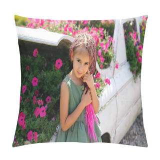Personality  A Girl In A Dress With Pink Zizi Pigtails From Kanekalon Stands At A Decorative Car With Flowers Growing Inside. A Kid At A Flower Bed With Flowers. A Modern Child With A Hippie Hairstyle Pillow Covers
