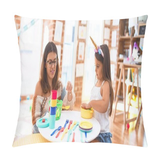 Personality Beautiful Teacher And Toddler Smiling Happy Playing Meals Using Plastic Food And Cutlery Around Lots Of Toys At Kindergarten Pillow Covers