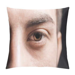 Personality  Close Up View Of Adult Man Brown Eye With Eyelashes And Eyebrow Looking At Camera Isolated On Black Pillow Covers