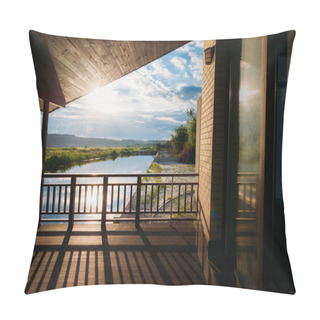 Personality  Scenic View Of Beautiful Sunset Over River From Wooden Terrace Pillow Covers