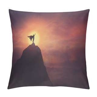 Personality  Conceptual Sunset Scene, Superhero With Cape Standing Brave On Top Of A Mountain Looks Determined At Horizon Raising One Hand Up As A Winning Leader. Hero Power And Motivation, Overcoming Obstacles. Pillow Covers
