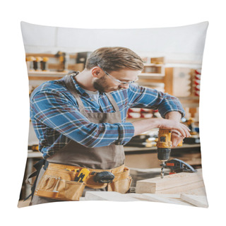 Personality  Bearded Carpenter In Goggles And Apron Holding Hammer Drill Near Wooden Planks Pillow Covers