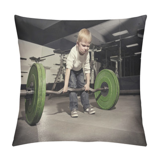 Personality  Determined Young Boy Trying To Lift A Heavy Weight Bar Pillow Covers
