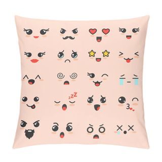 Personality  Vector Illustration Set Of Cute Faces, Different Kawaii Emoticons, Emoji Adorable Characters Icons Design On White Background. Pillow Covers
