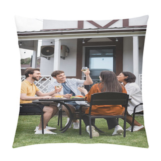 Personality  Happy Man Raising Glass Of Wine Near Interracial Friends During Bbq Party On Backyard  Pillow Covers