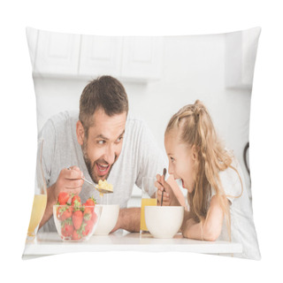 Personality  Father And Daughter Having Breakfast And Looking At Each Other Pillow Covers