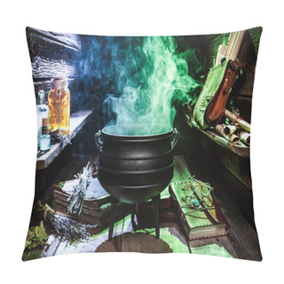 Personality  Witcher Cauldron With Blue Potions And Books For Halloween Pillow Covers