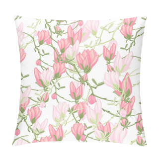Personality  Seamless Pattern Magnolias On White Background. Beautiful Texture With Spring Flowers. Random Floral Template For Fabric. Design Vector Illustration. Pillow Covers