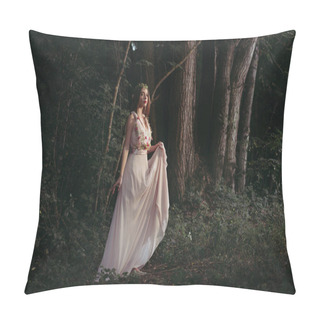 Personality  Attractive Mystic Elf In Elegant Flower Dress Walking In Woods Pillow Covers