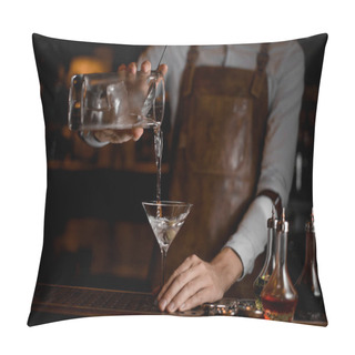 Personality  Professional Bartender Pouring A Transparent Alcoholic Drink From The Measuring Cup To The Martini Glass Pillow Covers