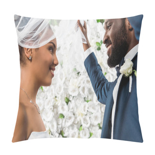 Personality  Low Angle View Of Happy African American Bridegroom Touching White Veil And Smiling Near Bride And Flowers  Pillow Covers