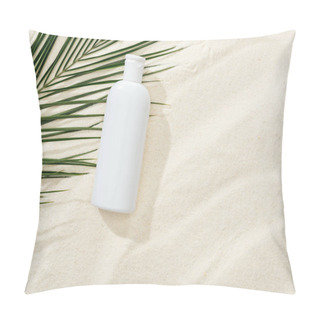 Personality  White Sunscreen Lotion Near Green Palm Leaf On Sand Pillow Covers