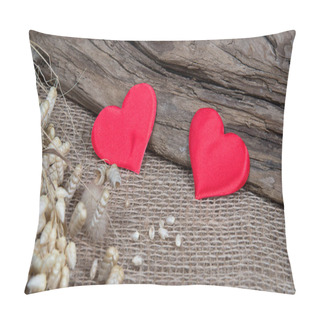 Personality  Two Red Hearts On Natural Wooden And Burlap Background. Valentine Day Greeting Card. Eco Friendly Concept.  Pillow Covers