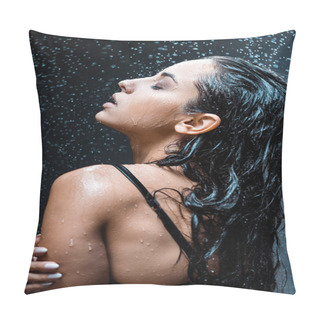 Personality  Sexy Woman With Closed Eyes In Lingerie Under Raindrops On Black   Pillow Covers