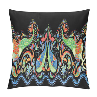 Personality  Seamless Border Pattern Of Hand Painted Fairy Tale Sea Animals And Mermaid. Watercolor Fantasy Fish, Octopus, Coral, Sea Shells, Bubbles On A Black Background. Batik Fringe, Textile Print Pillow Covers