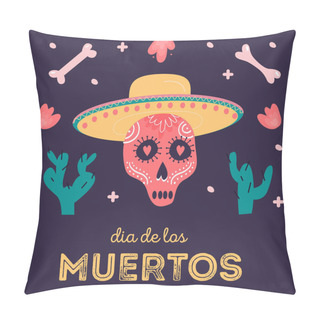 Personality  Decorative Square Card With Sugar Skull Wearing Sombrero. Mexican National Holiday Day Of The Dead. Festive Template For Dia De Los Muertos Decorated By Bones, Flowers And Cactus. Vector Illustration. Pillow Covers
