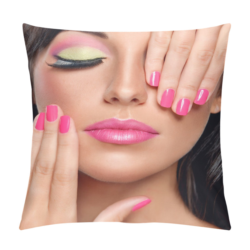 Personality  Brunette woman with modern make-up and manicure pillow covers