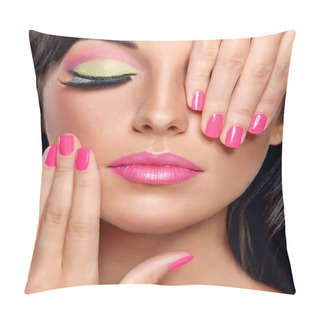 Personality  Brunette Woman With Modern Make-up And Manicure Pillow Covers