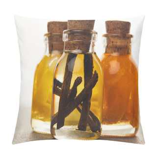 Personality  Close Up View Of Glass Bottles With Organic Essential Oil On White Background Pillow Covers