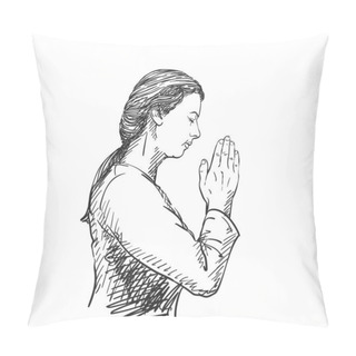 Personality  Sketch Of Woman Praying With Hands Folded In Worship, Eyes Closed In Hope, Hand Drawn Vector Illustration With Hatched Shades Pillow Covers