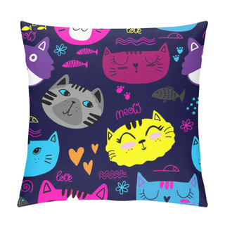 Personality  Cute Seamless Pattern With Cats. Hand Drawn Kids Backgorund For Textile, Fashion, Wrapping Paper, Graphic Tees Pillow Covers