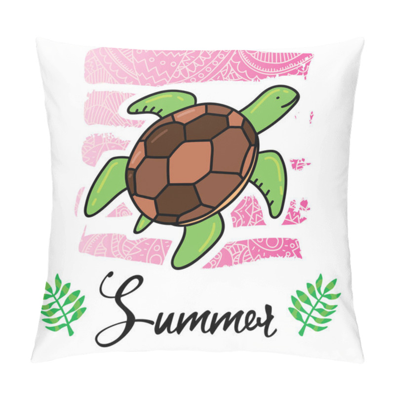 Personality  Vector Cartoon Style Flyer T-shirt Print Card Design With Trendy Summer Turtle Animal On Elegant Pink Lace Gradient Strokes Pillow Covers