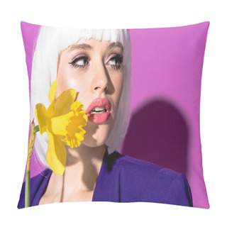 Personality  Gorgeous Girl In White Wig Holding Yellow Flower And Looking Away With Open Mouth On Purple Background Pillow Covers