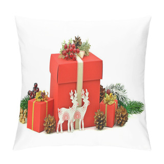 Personality  Christmas Gifts In Red Boxes. Wooden Deer Handmade. Isolation. D Pillow Covers