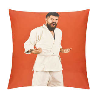 Personality  Man With Beard In White Kimono On Red Background. Pillow Covers