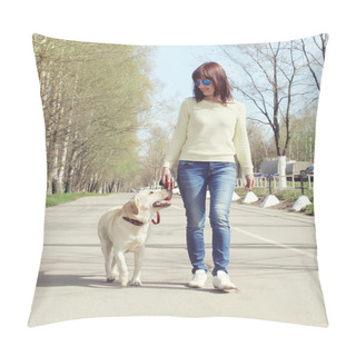 Personality  Owner And Labrador Retriever Dog Outdoors Walking In The City Pillow Covers
