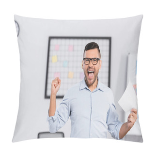 Personality  Amazed Businessman With Open Mouth Holding Paper In Office Pillow Covers